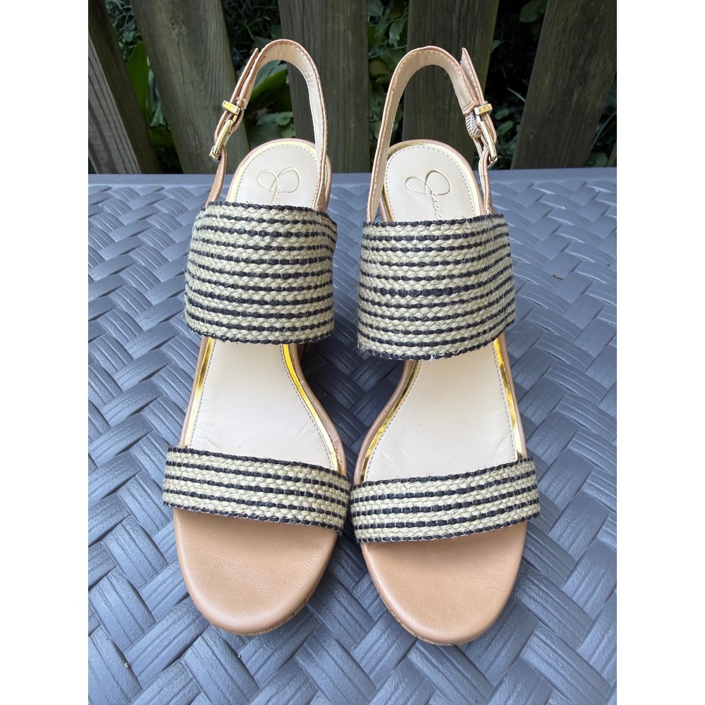 Jessica Simpson Womens Striped Woven Cork Wedge Sandals Tan Black Size 11